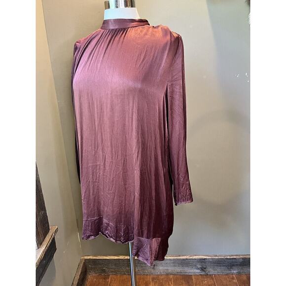 Little Moon Women Maroon Mini Satin Long Sleeve Viscose Dress Size Small Large - Picture 1 of 9